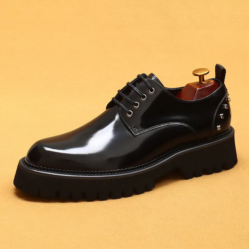 Top Layer Cowhide Men's Leather Shoes Double Layer Platform Height Increasing Shoes Genuine Leather England Style Rivet Business Casual Shoes23671