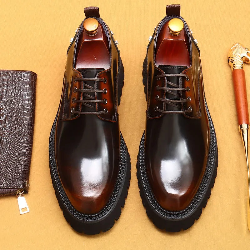 Top Layer Cowhide Men's Leather Shoes Double Layer Platform Height Increasing Shoes Genuine Leather England Style Rivet Business Casual Shoes23671