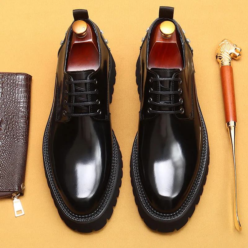 Top Layer Cowhide Men's Leather Shoes Double Layer Platform Height Increasing Shoes Genuine Leather England Style Rivet Business Casual Shoes23671