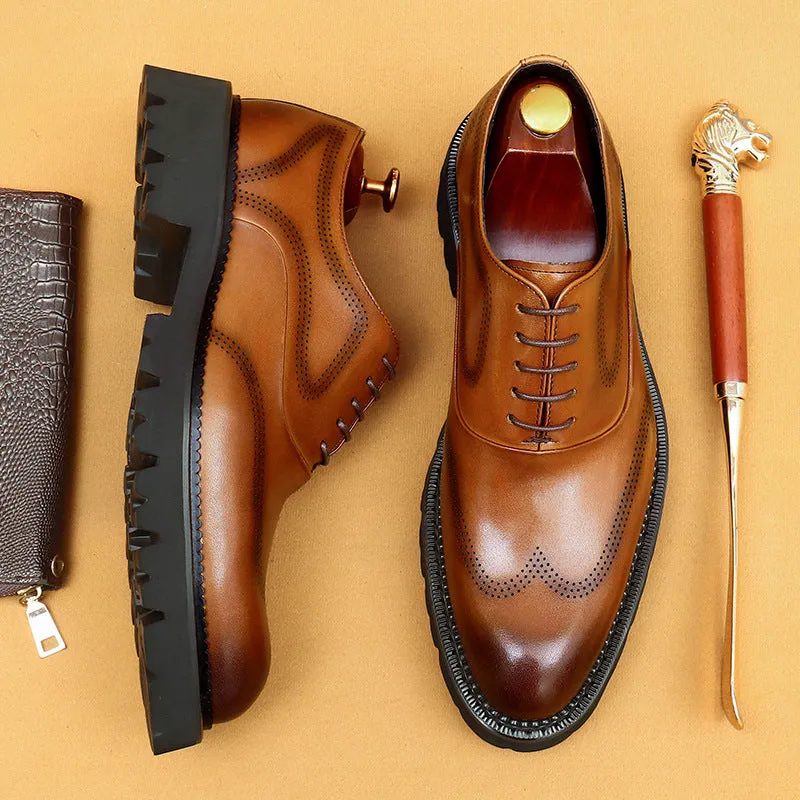 Top Layer Cowhide Men's Leather Shoes Men's Genuine Leather Formal Leather Shoes Business Casual Platform Increased by Brogue Wedding Shoes96127