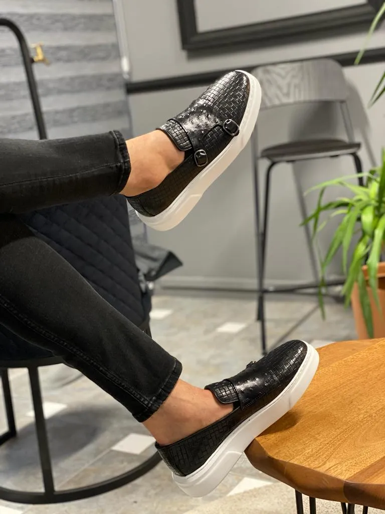 Toros Black Woven Leather Monk Strap Loafers