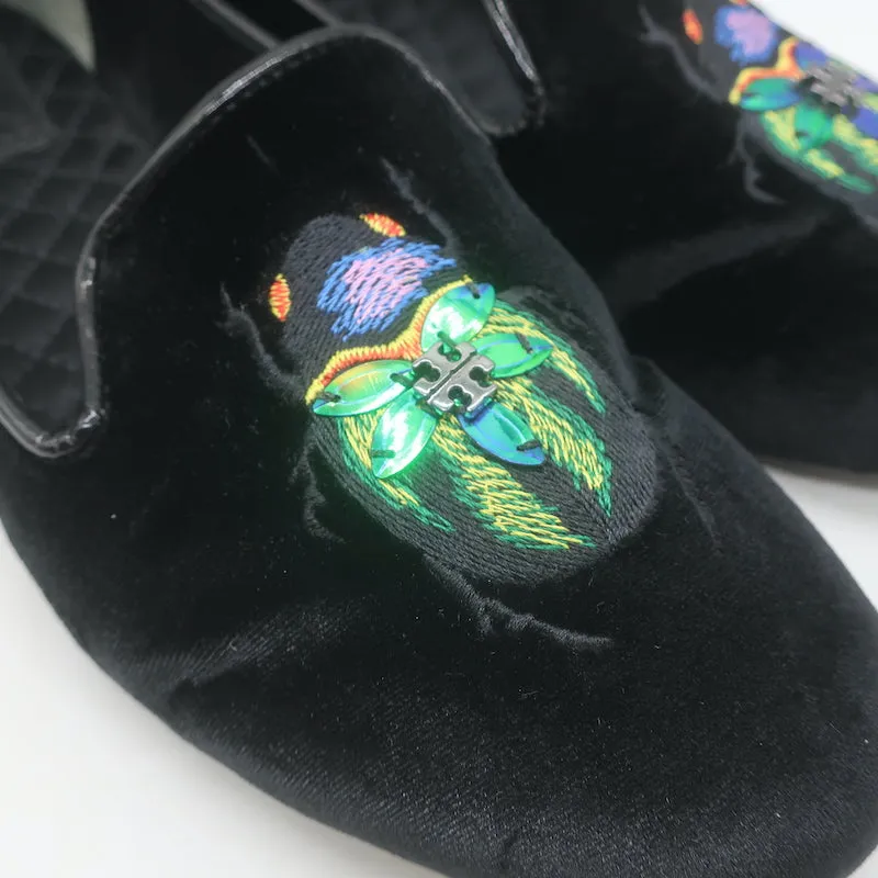 Tory Burch Easton Scarab Smoking Slippers Black Velvet Size 10 Slip-On Flats