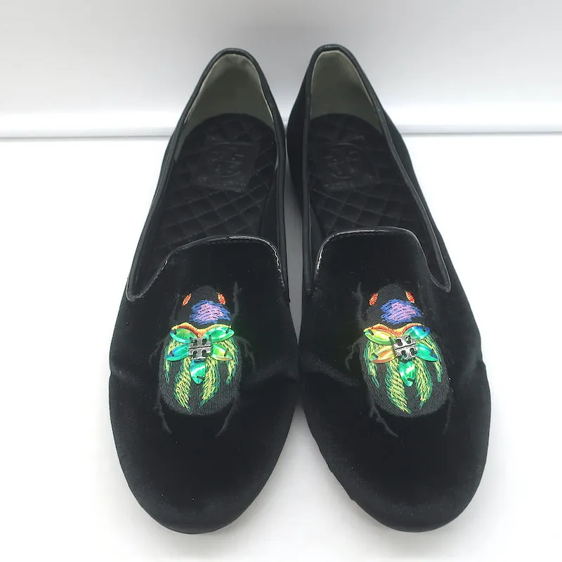 Tory Burch Easton Scarab Smoking Slippers Black Velvet Size 10 Slip-On Flats