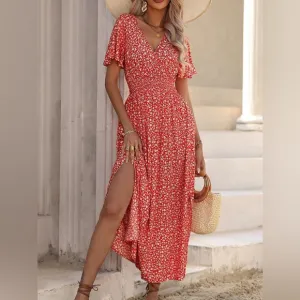 V neck flutter sleeve boho floral print maxi dress red