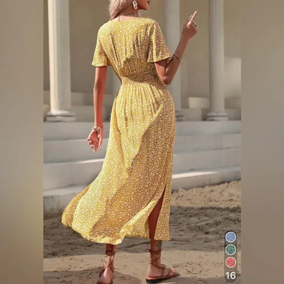 V neck flutter sleeve boho floral print maxi dress red