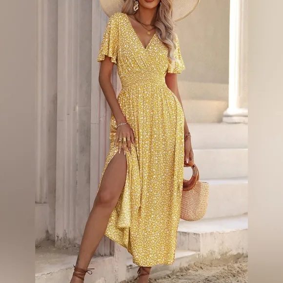 V neck flutter sleeve boho floral print maxi dress red