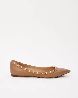 Valentino Beige Leather Rock Stud Flats - 38