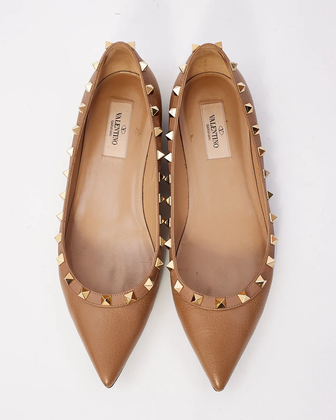 Valentino Beige Leather Rock Stud Flats - 38