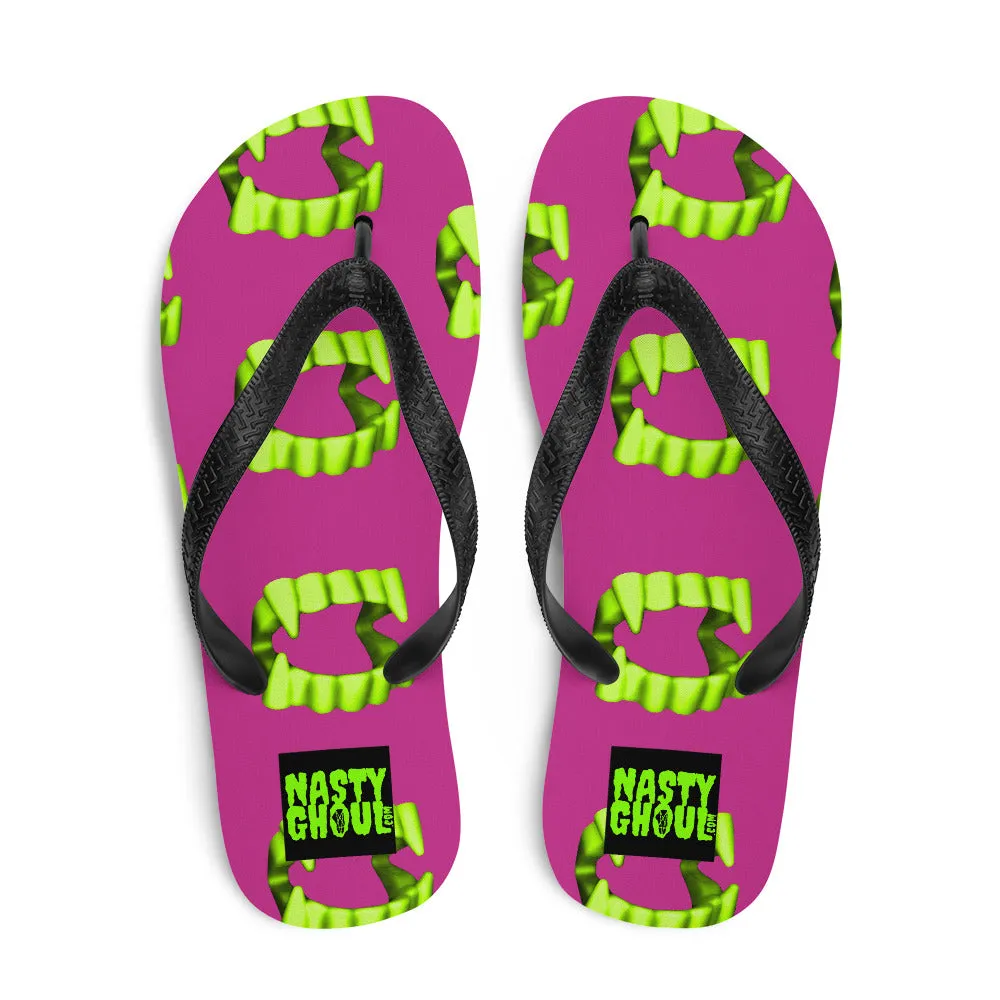 Vampire Teeth Fang Flip-Flops All Over Print / Pink & Neon Green