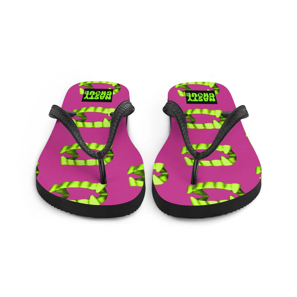 Vampire Teeth Fang Flip-Flops All Over Print / Pink & Neon Green