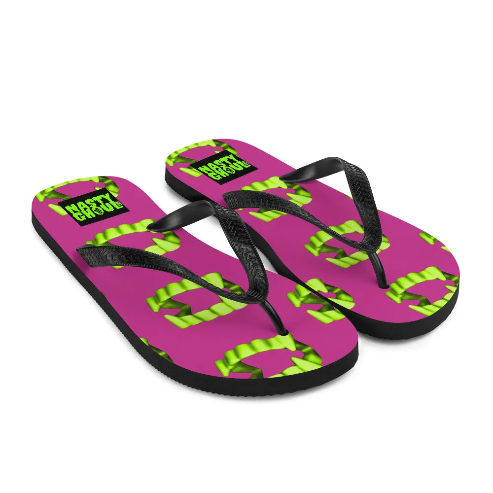 Vampire Teeth Fang Flip-Flops All Over Print / Pink & Neon Green