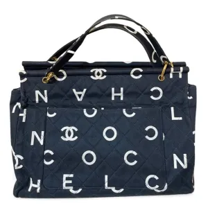 Vintage CHANEL black fabric canvas large tote bag with white Chanel CC logo print all over. Daily use bag. 060123ac13
