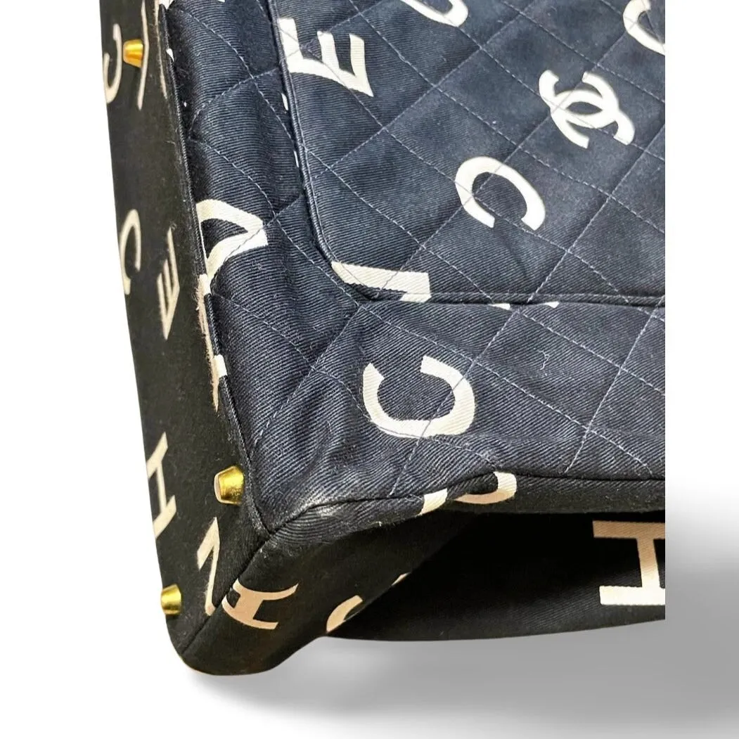 Vintage CHANEL black fabric canvas large tote bag with white Chanel CC logo print all over. Daily use bag. 060123ac13