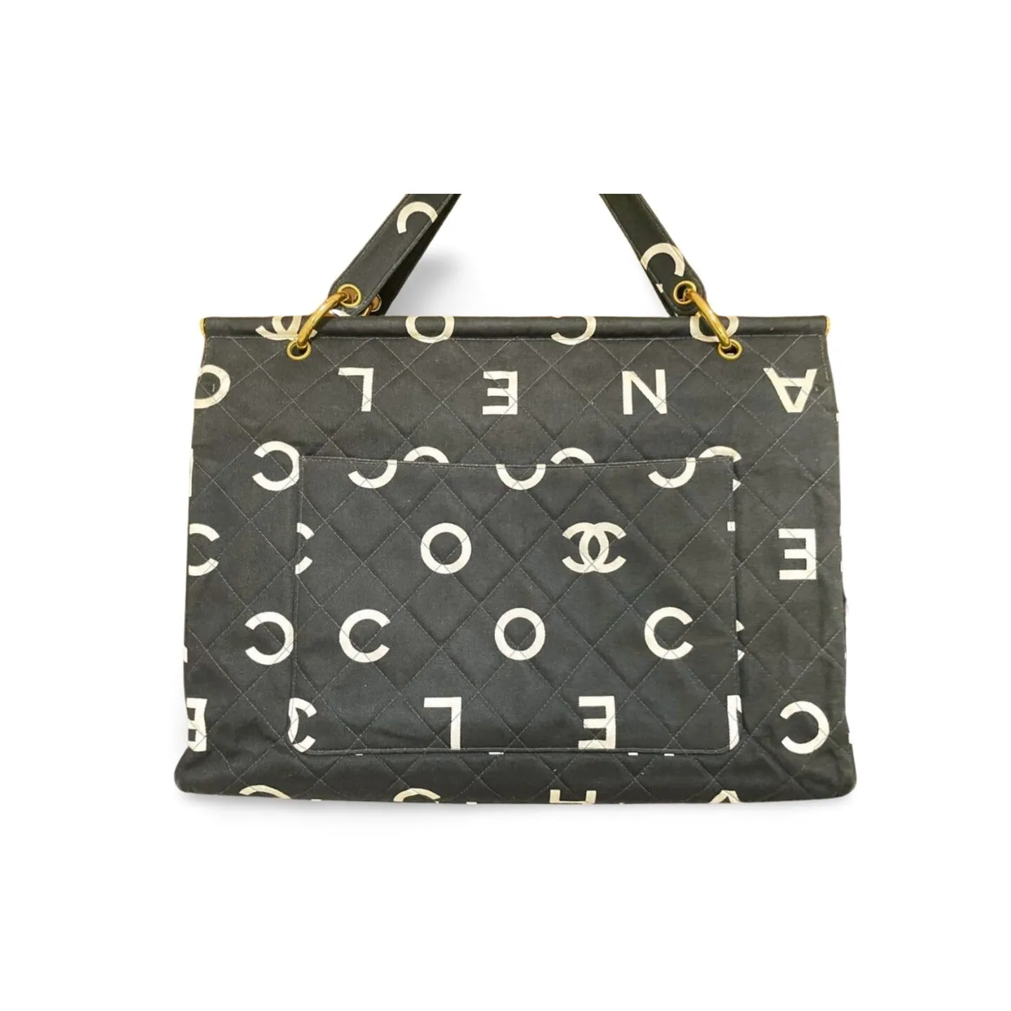 Vintage CHANEL black fabric canvas large tote bag with white Chanel CC logo print all over. Daily use bag. 060123ac13