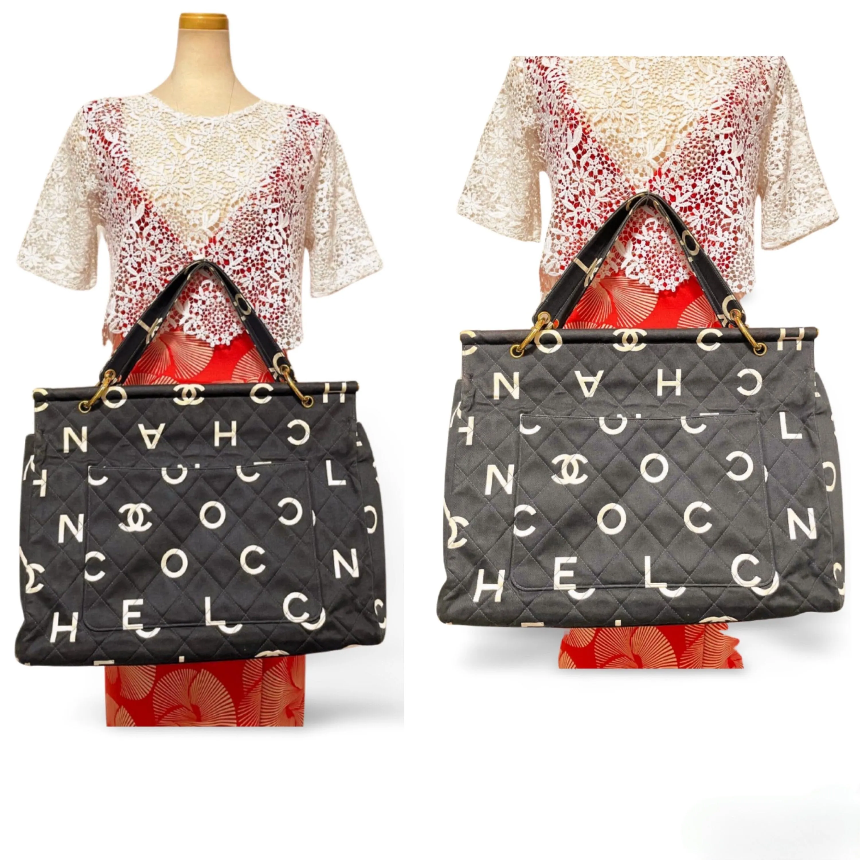 Vintage CHANEL black fabric canvas large tote bag with white Chanel CC logo print all over. Daily use bag. 060123ac13