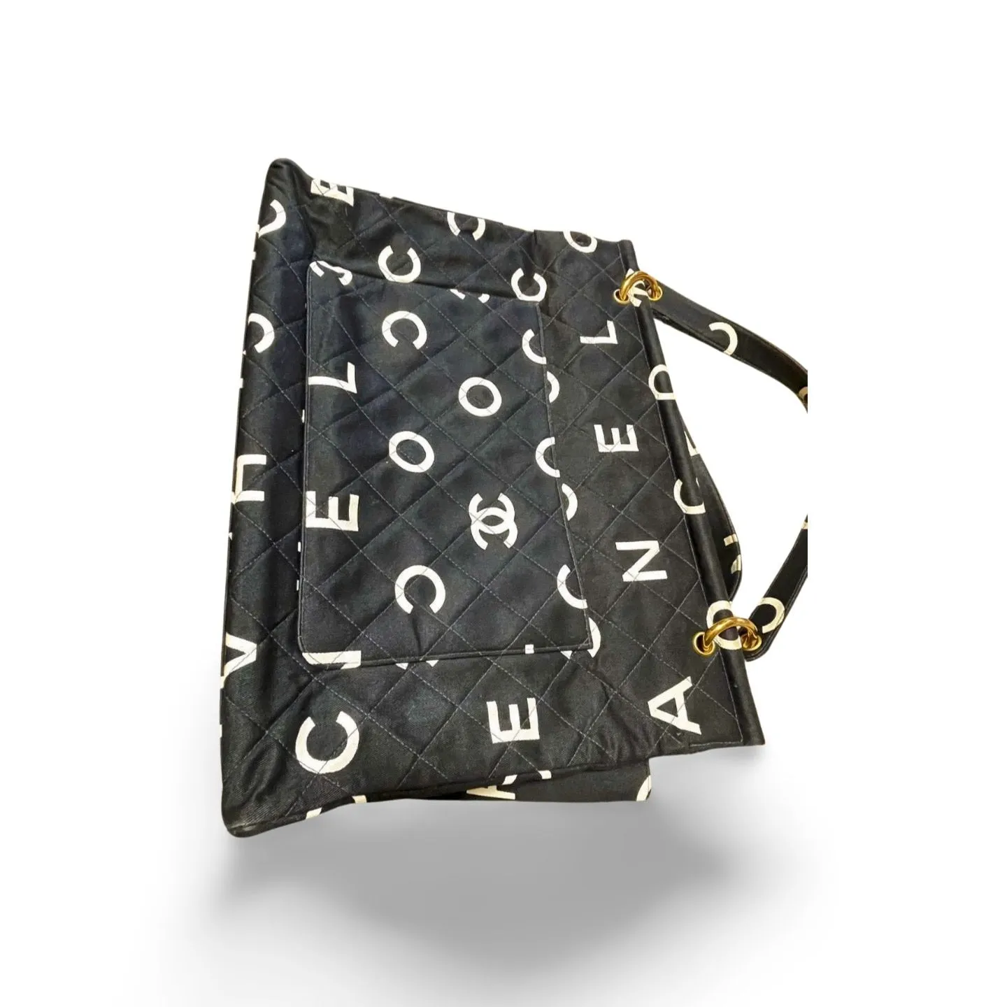 Vintage CHANEL black fabric canvas large tote bag with white Chanel CC logo print all over. Daily use bag. 060123ac13