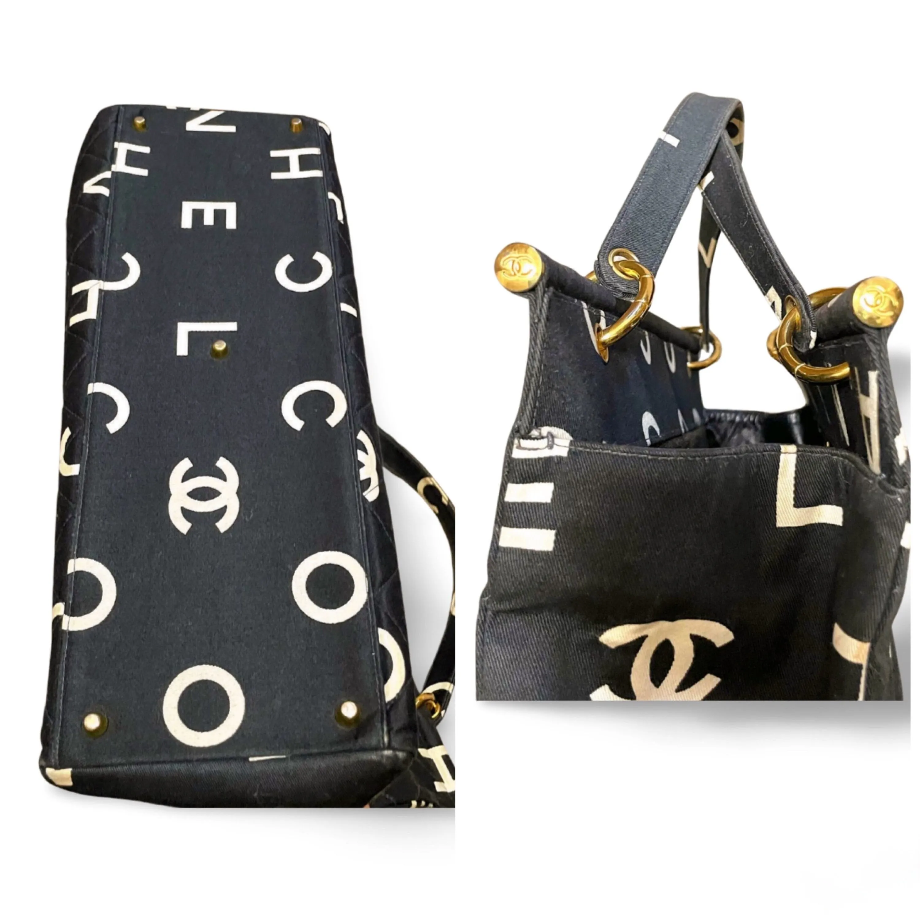 Vintage CHANEL black fabric canvas large tote bag with white Chanel CC logo print all over. Daily use bag. 060123ac13