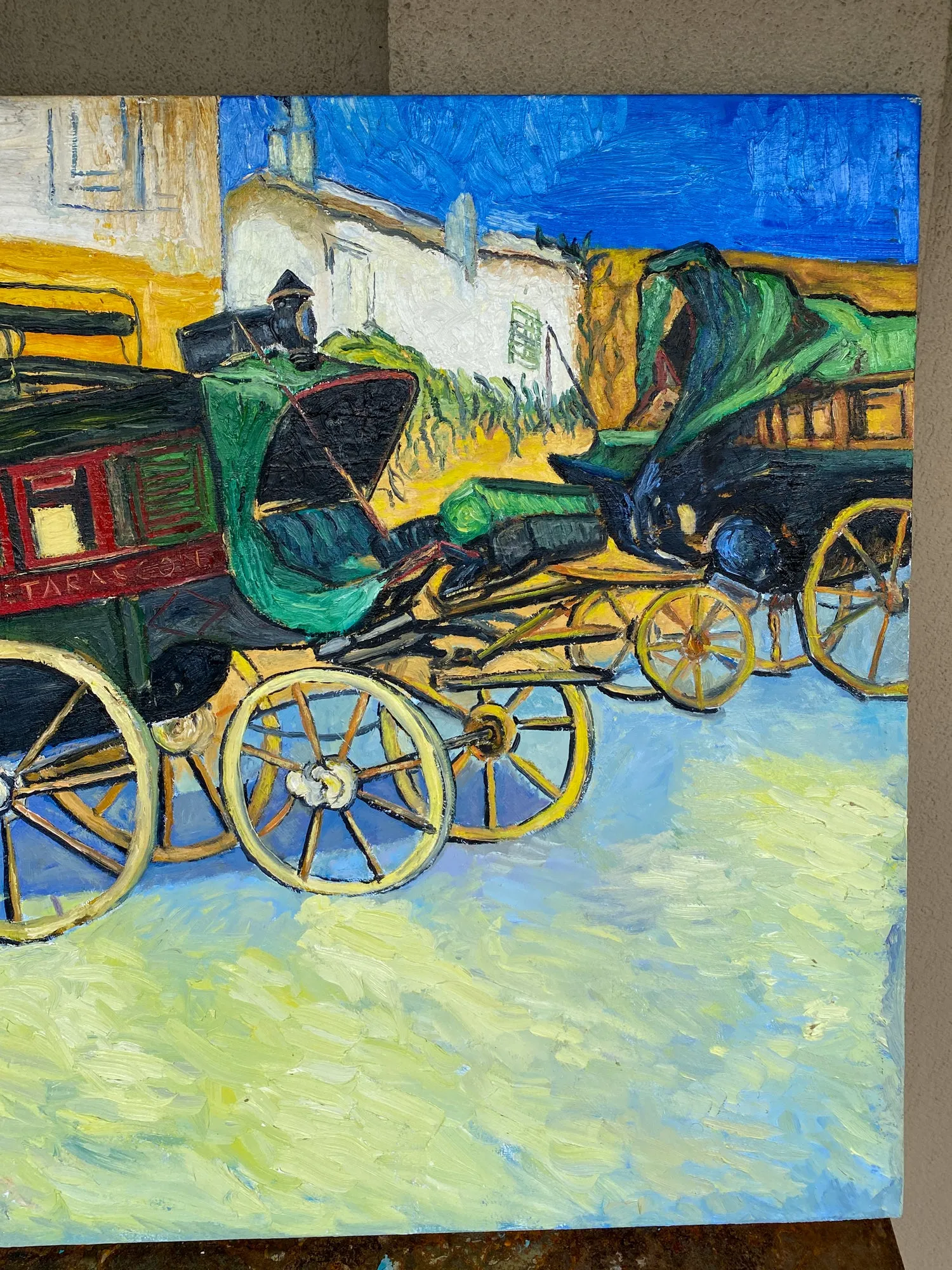 Vintage French Impressionist Painting - Study of Van Gough's Wagons