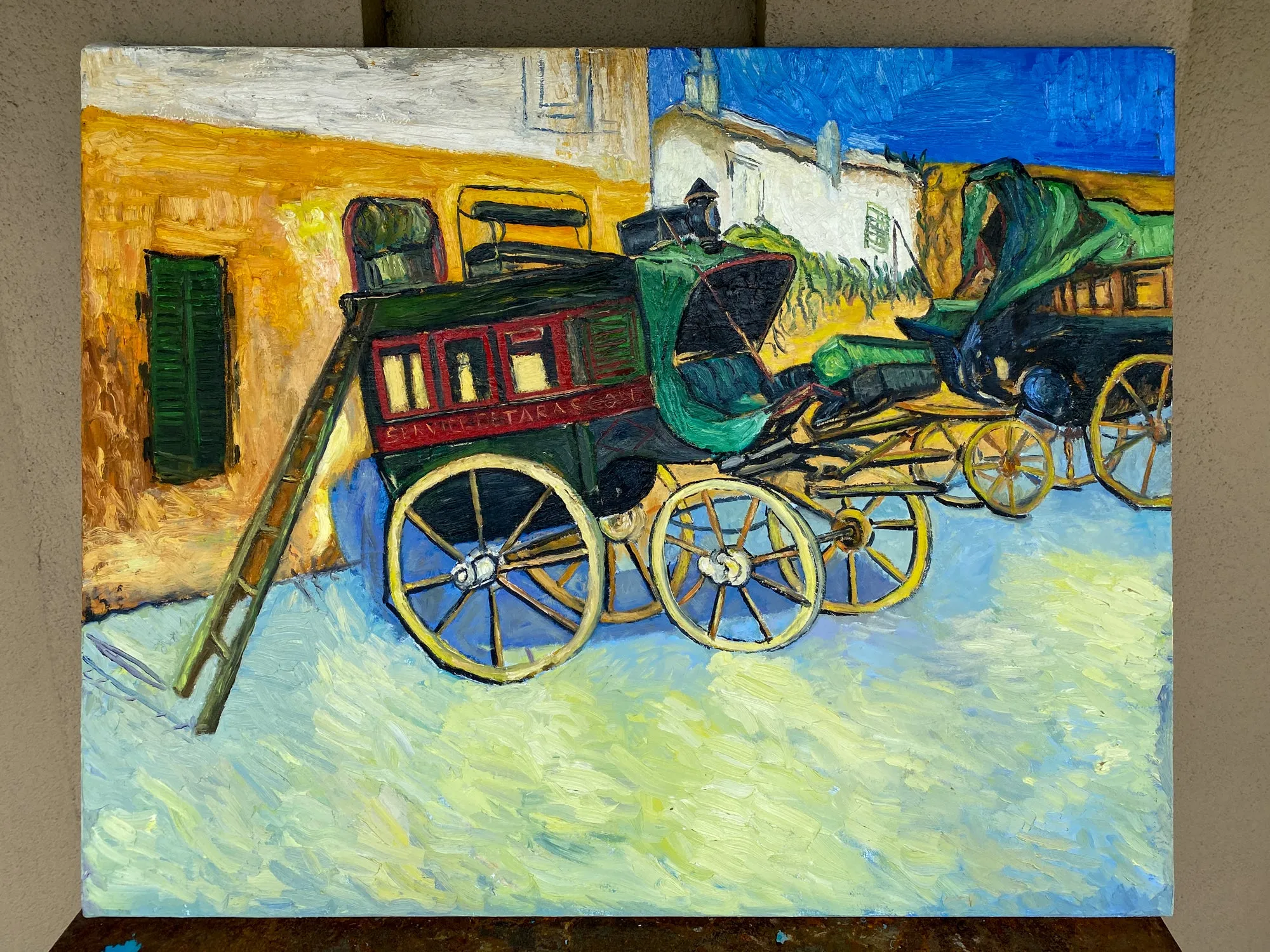 Vintage French Impressionist Painting - Study of Van Gough's Wagons