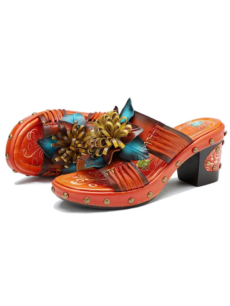Vintage Handmade Leather Floral Slippers