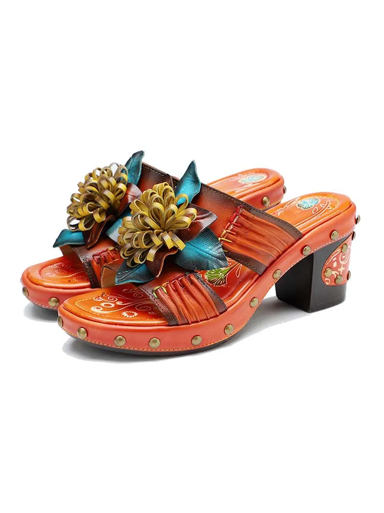 Vintage Handmade Leather Floral Slippers
