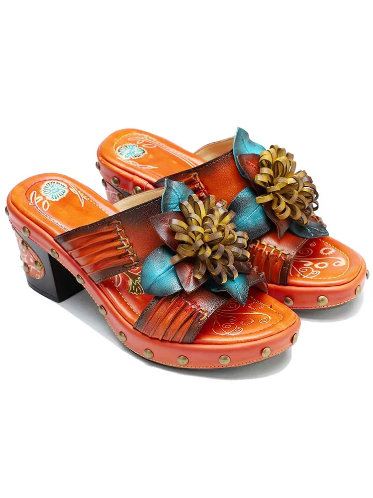 Vintage Handmade Leather Floral Slippers