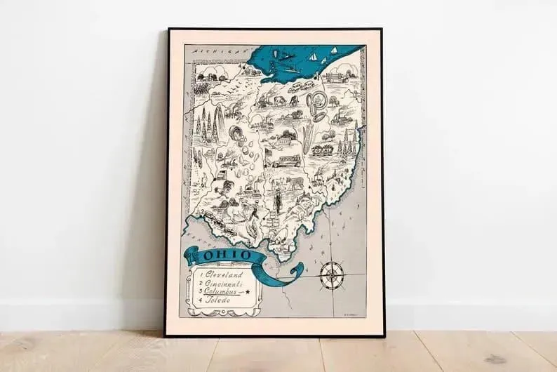 Vintage Ohio Map Print| Ohio Canvas Wall Art