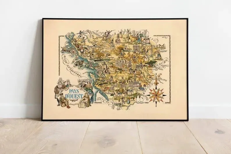 Vintage Pays D'ouest Map Print| Pays D'ouest Wall Art Print