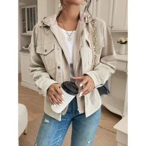 Waffle ribbed knit hooded button up trucker jacket cream