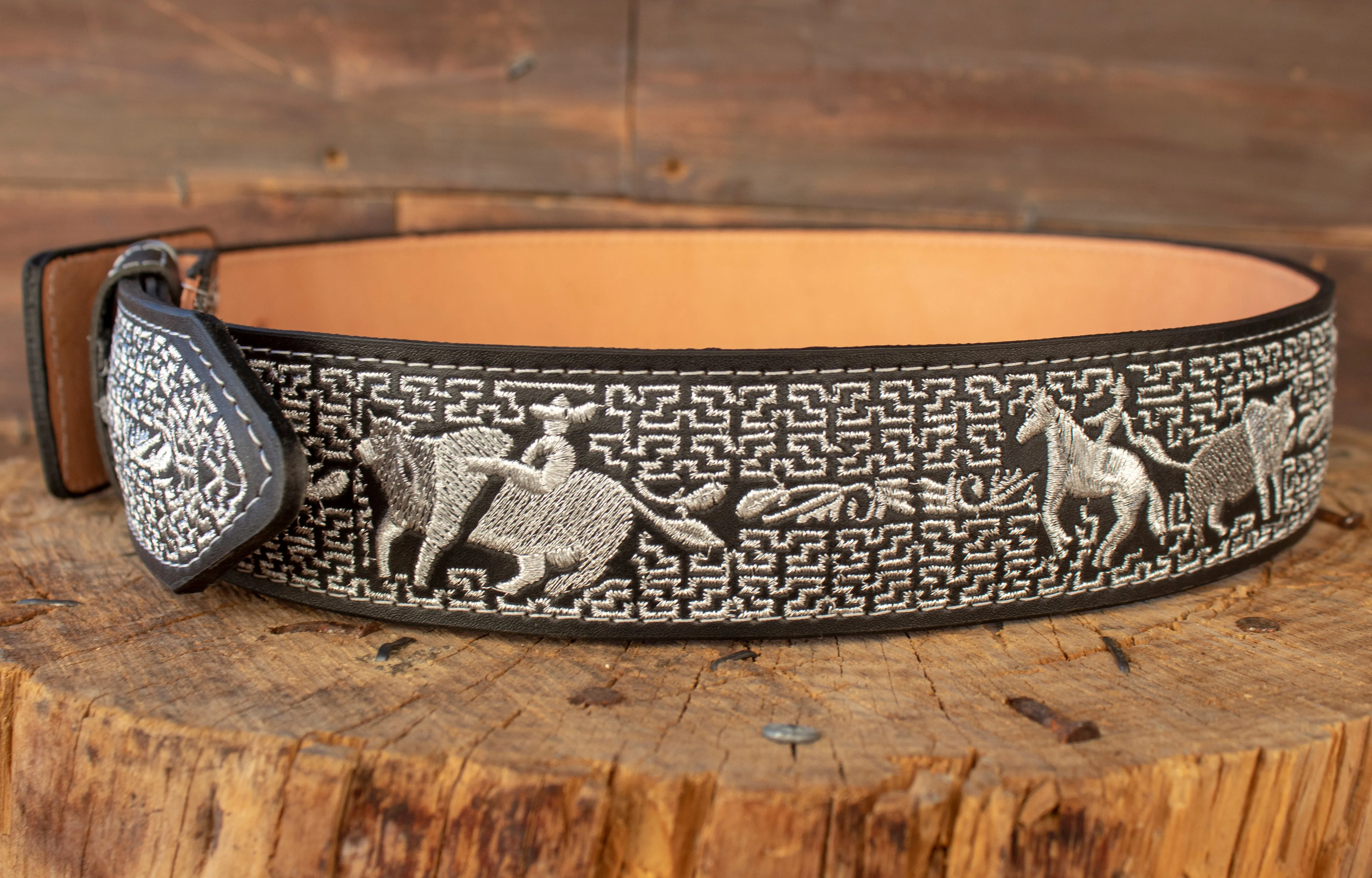 WESTERN EMBROIDERED BLACK MARIACHI LEATHER  BELT