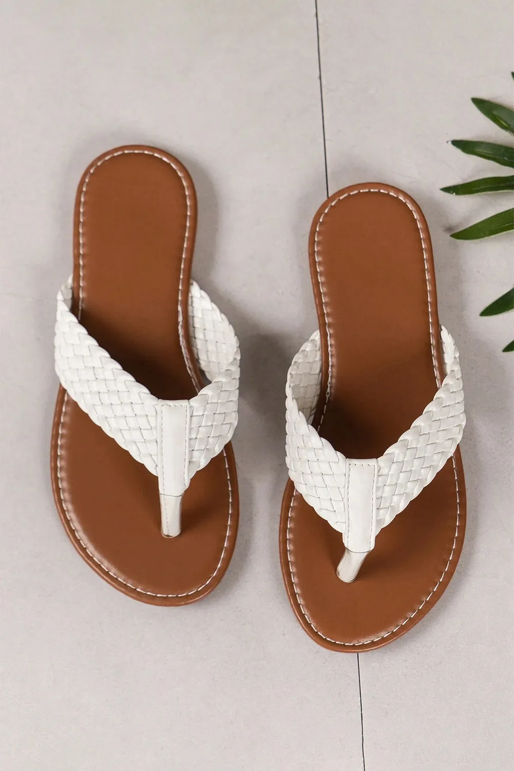 White Braided Strap Leather Flip Flop