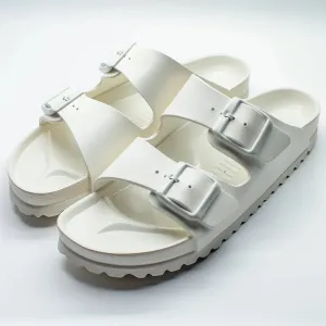 White Leather Pearl Pamper Slippers with Buckle - Slippers