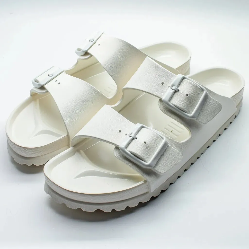 White Leather Pearl Pamper Slippers with Buckle - Slippers