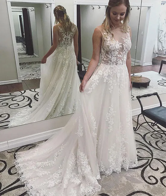 White round neck lace tulle long prom dress, evening dress