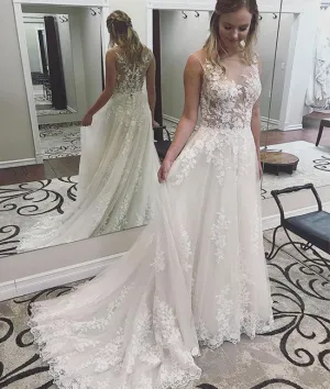 White round neck lace tulle long prom dress, evening dress
