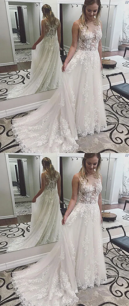 White round neck lace tulle long prom dress, evening dress