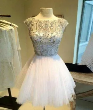 White Sequin Rhinestone Short Prom Dresses, Cute Homecoming Dress