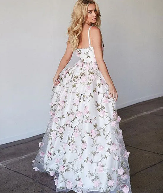 White v neck 3D applique long prom dress, white evening dress