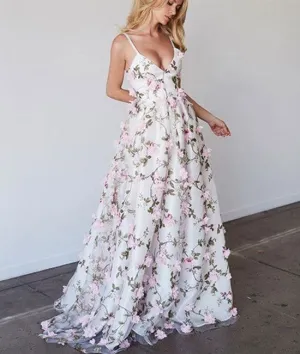 White v neck 3D applique long prom dress, white evening dress
