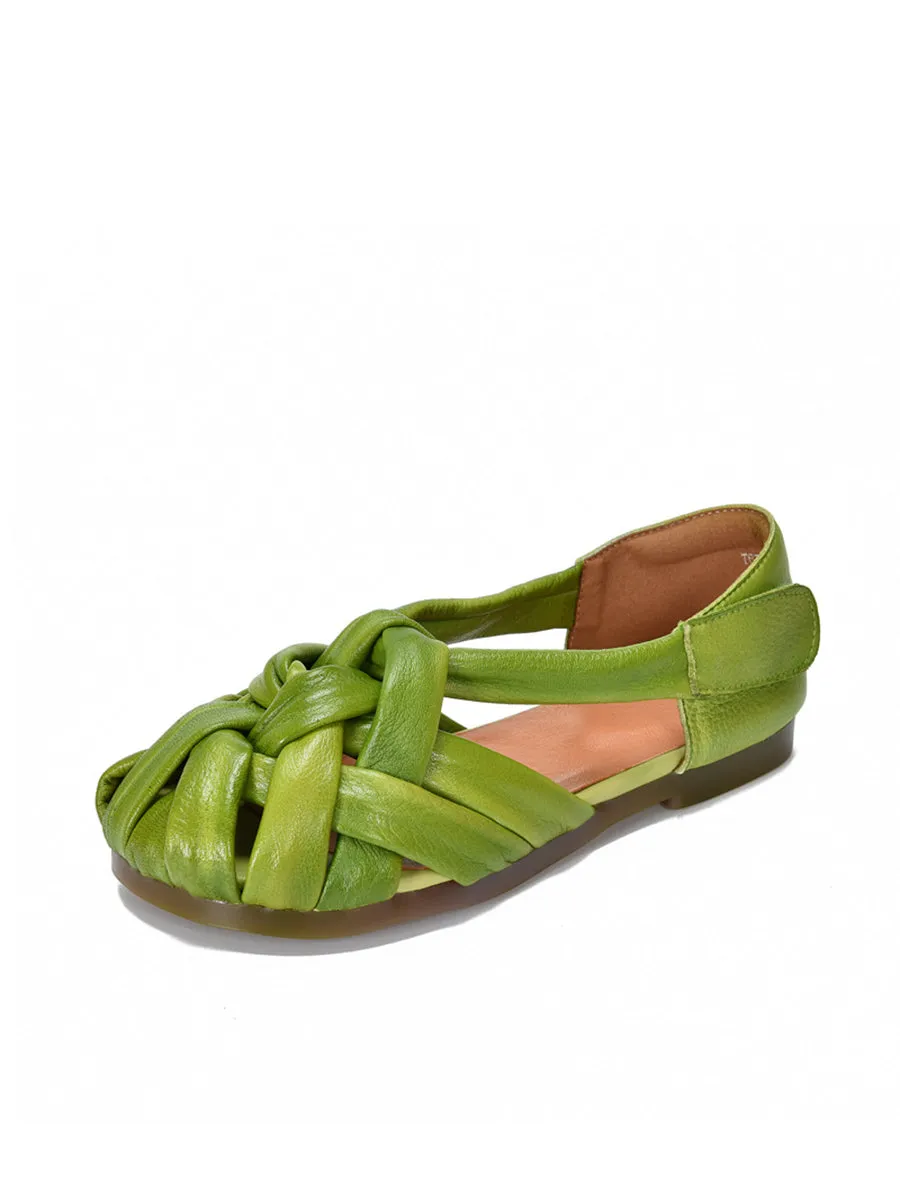Women Summer Retro Genuine Leather Weave Flat Shoes