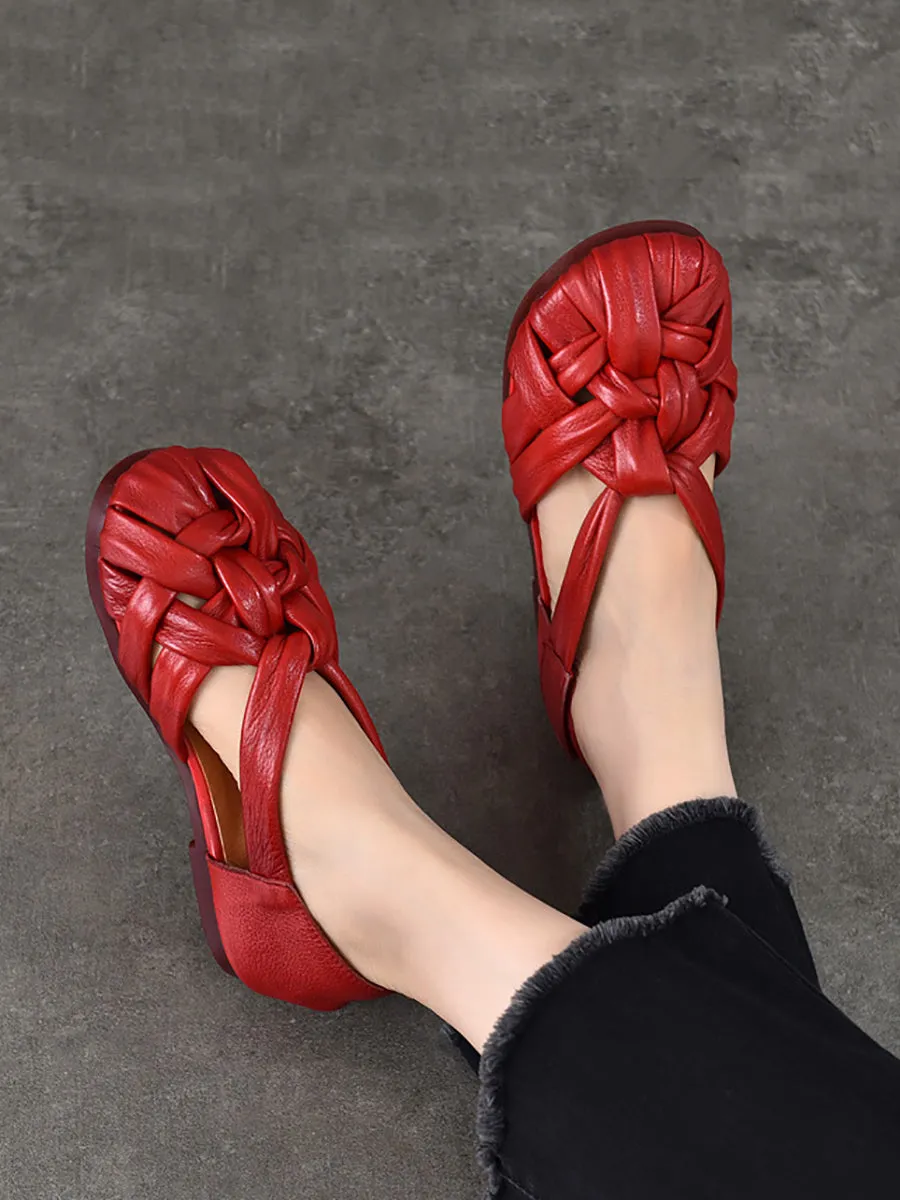 Women Summer Retro Genuine Leather Weave Flat Shoes