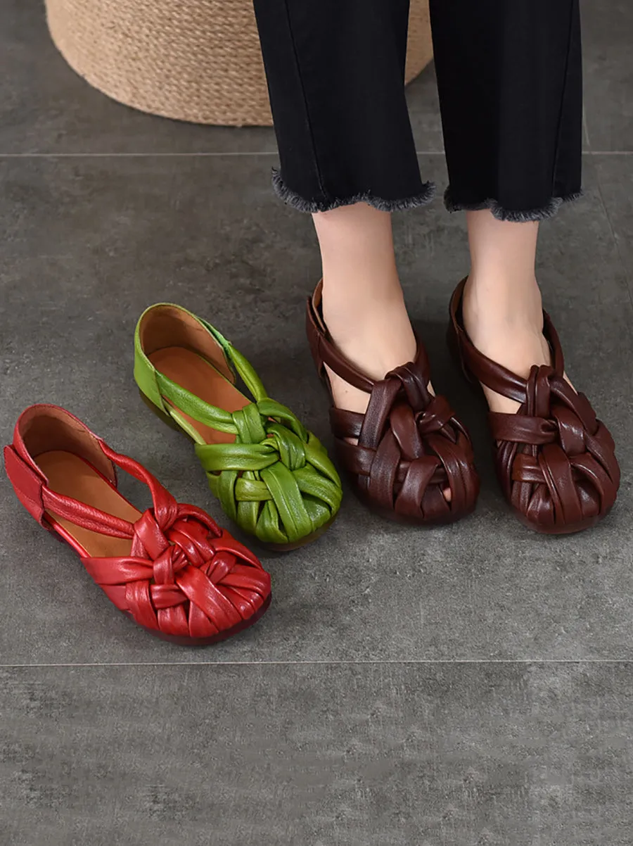 Women Summer Retro Genuine Leather Weave Flat Shoes