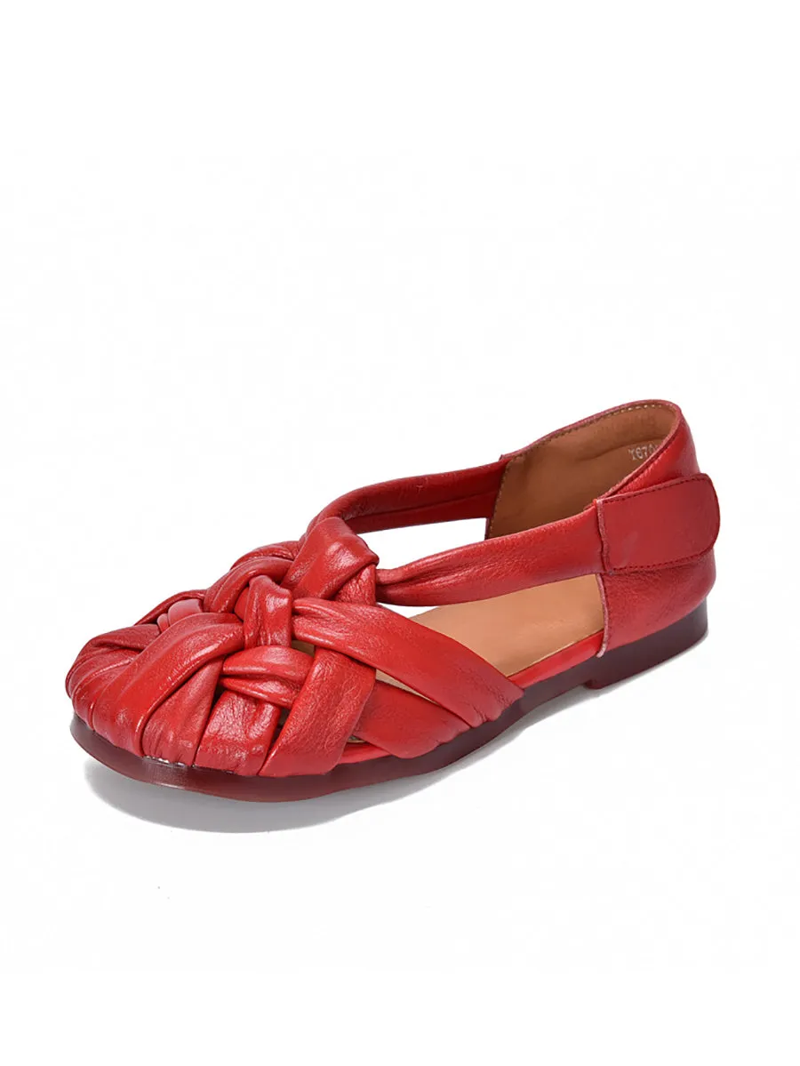 Women Summer Retro Genuine Leather Weave Flat Shoes