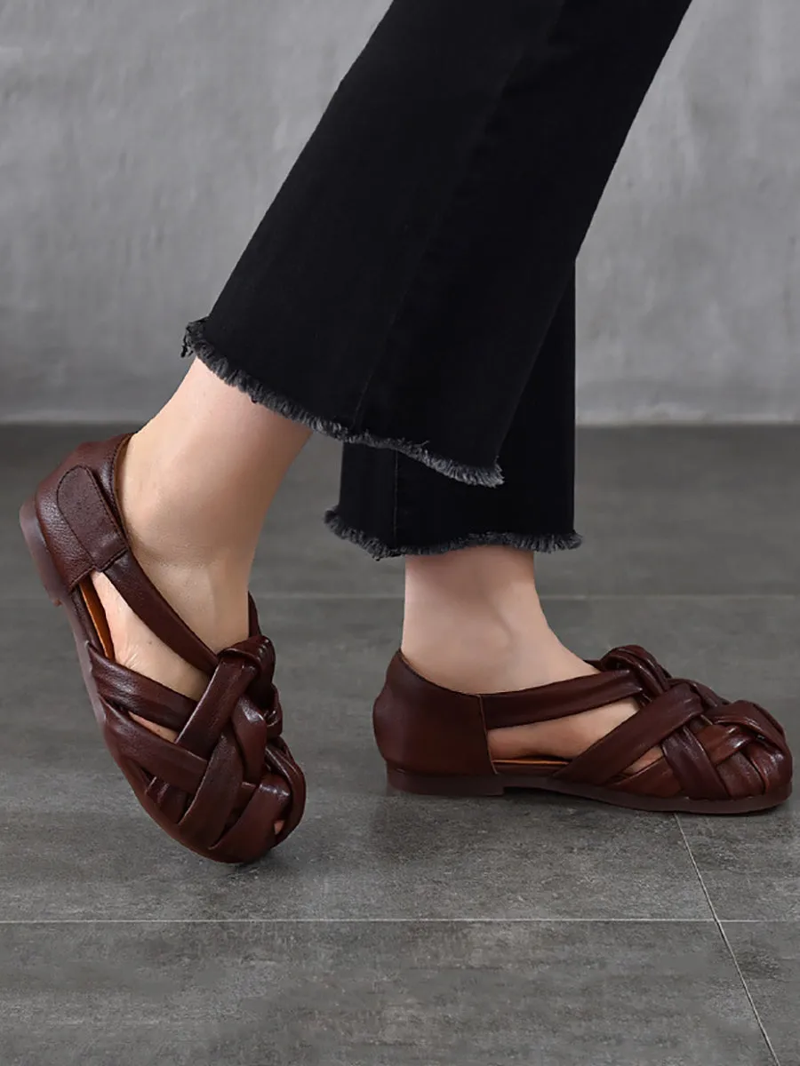 Women Summer Retro Genuine Leather Weave Flat Shoes