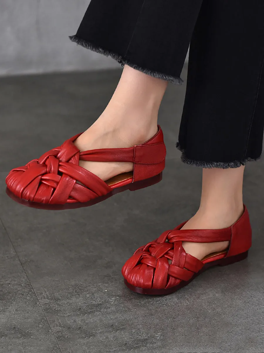 Women Summer Retro Genuine Leather Weave Flat Shoes
