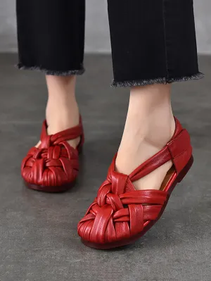 Women Summer Retro Genuine Leather Weave Flat Shoes