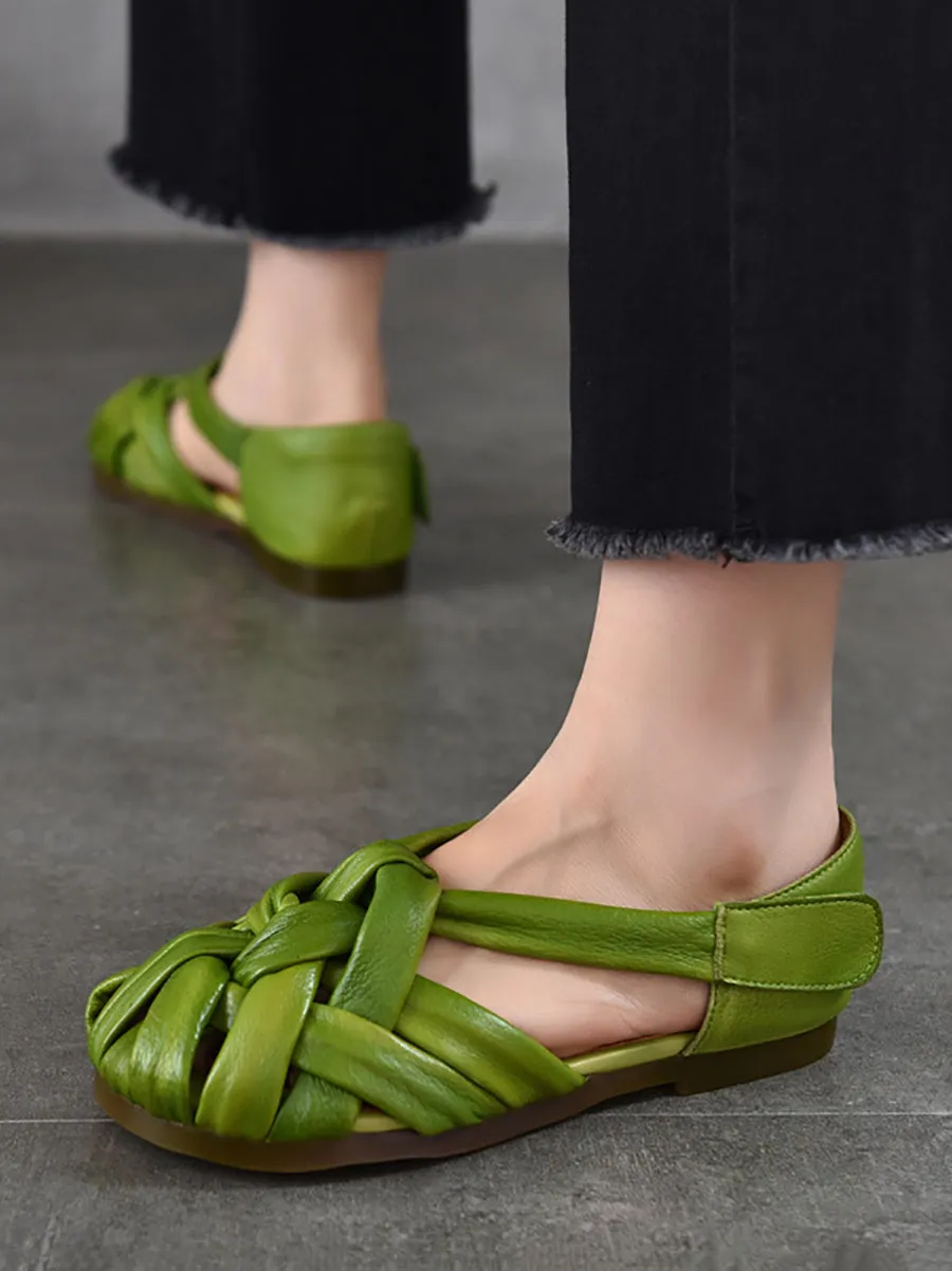 Women Summer Retro Genuine Leather Weave Flat Shoes