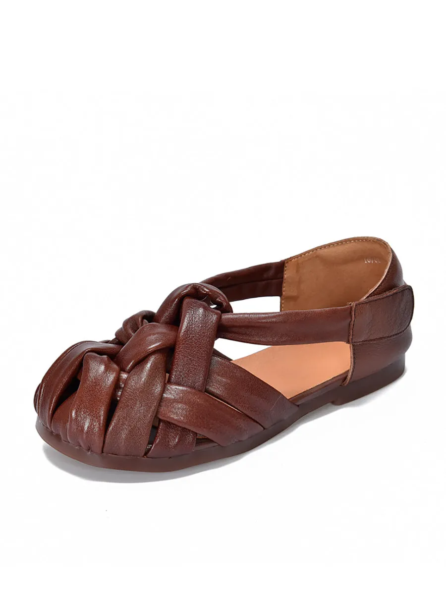 Women Summer Retro Genuine Leather Weave Flat Shoes