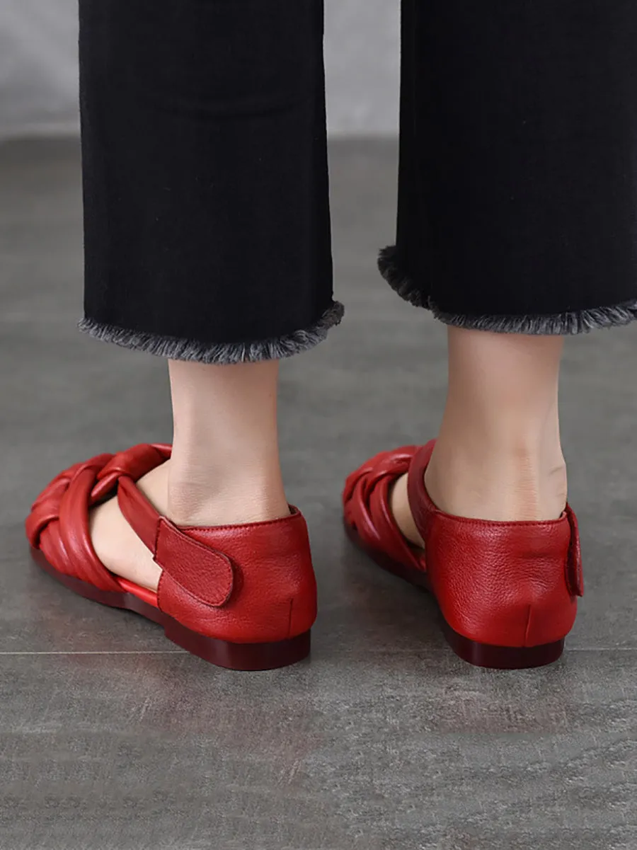 Women Summer Retro Genuine Leather Weave Flat Shoes