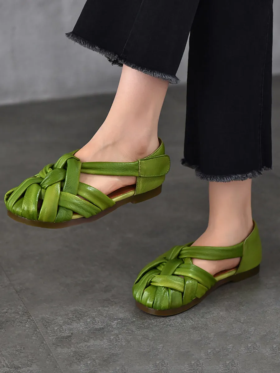 Women Summer Retro Genuine Leather Weave Flat Shoes